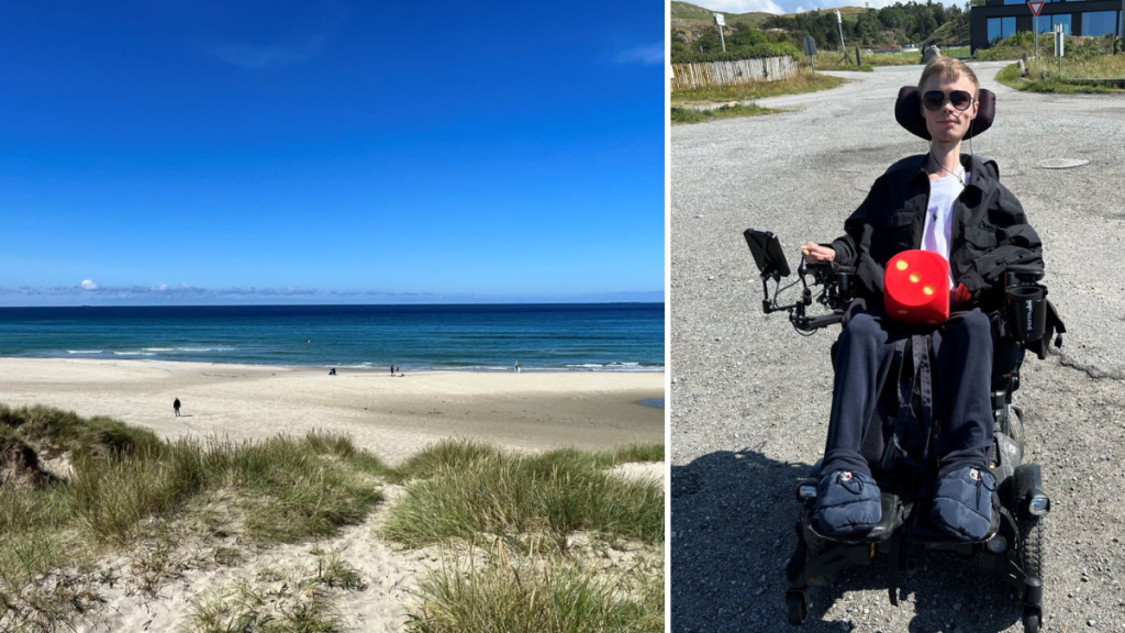 To bilder: første av Hellestøstranden.Stor, bred strand og blått hav. Flott, blå himmel. Siv i front av bildet. Andre bildet viser Fredrik i elektrisk rullestol som har en terning med terningkast tre på fanget.