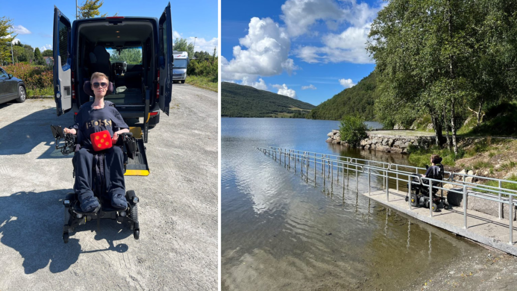 Første bilde viser Fredrik foran bilen sin i elektrisk rullestol. Han holder en terning med terningkast fem i fanget. Andre bildet viser fredrik på rampen ned mot vannet. Grønne omgivelser.