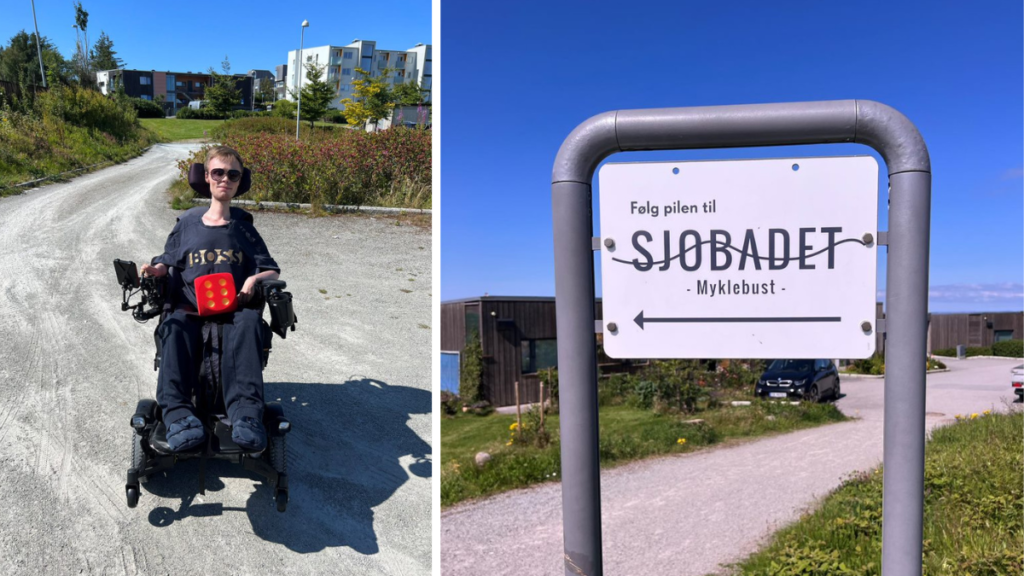 Bilde 1: Fredrik i elektrisk rullestol med en terning i fanget. Den viser terningkast 6. Bilde 2: Skilt hvor det står Sjøbadet Myklebust. Grussti og grønt gress i bakgrunnen.