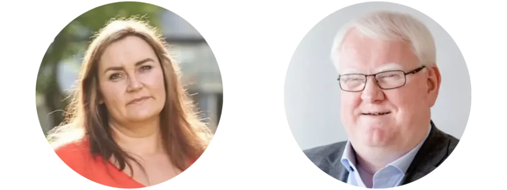 Portrettbilde av Monica Tangen: hun har brunt, skulderlangt hår og rød bluse. Smiler. Portrettbilde av Terje Andre Olsen: han har lyst, grått hår, svarte briller og blå skjorte med mørkegrå dressjakke. Smiler.